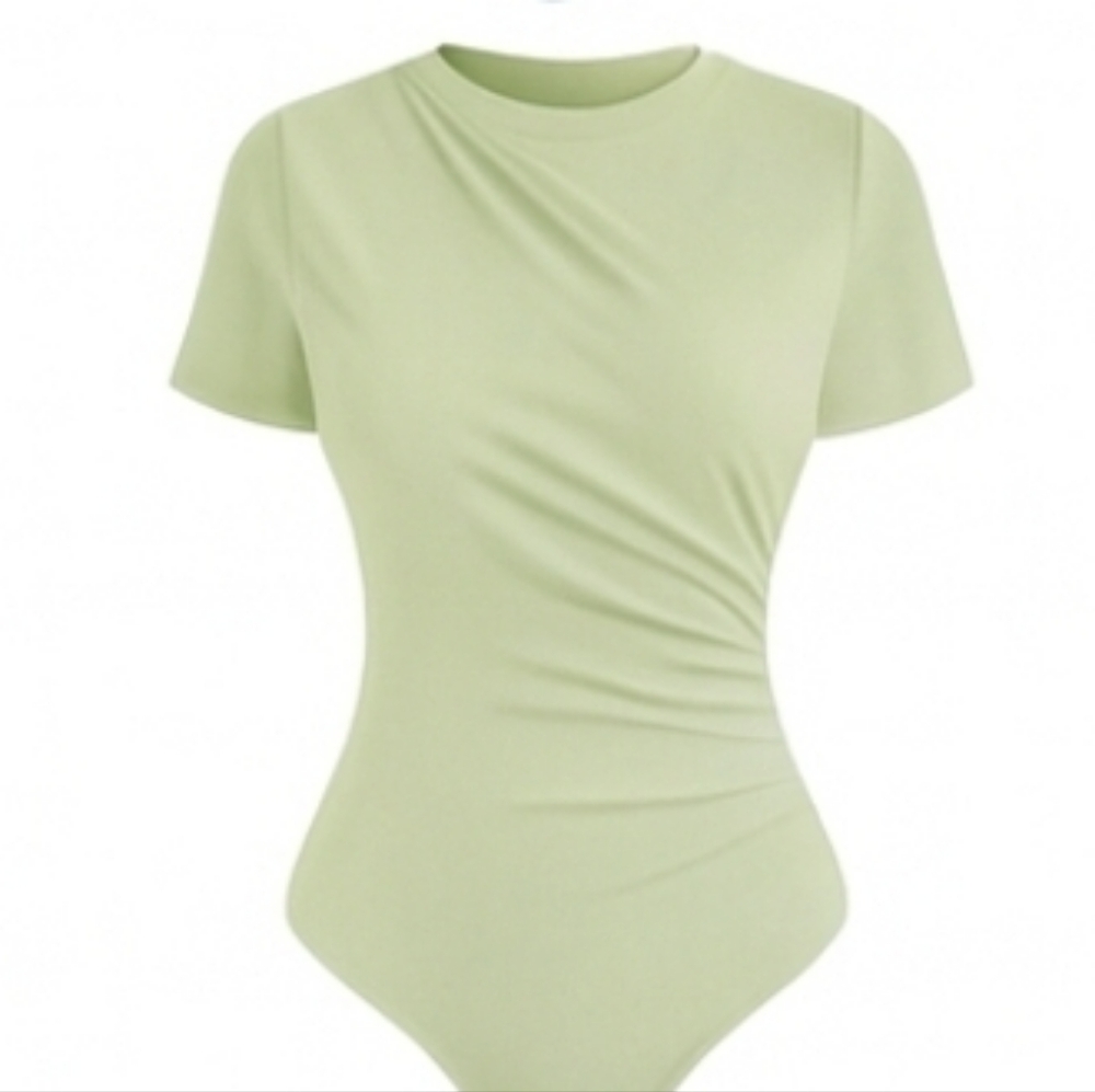NWOT: Blue, Elegant, ruched, short sleeve, snap closure, bodysuits (10 Colors) - Picture 6 of 13